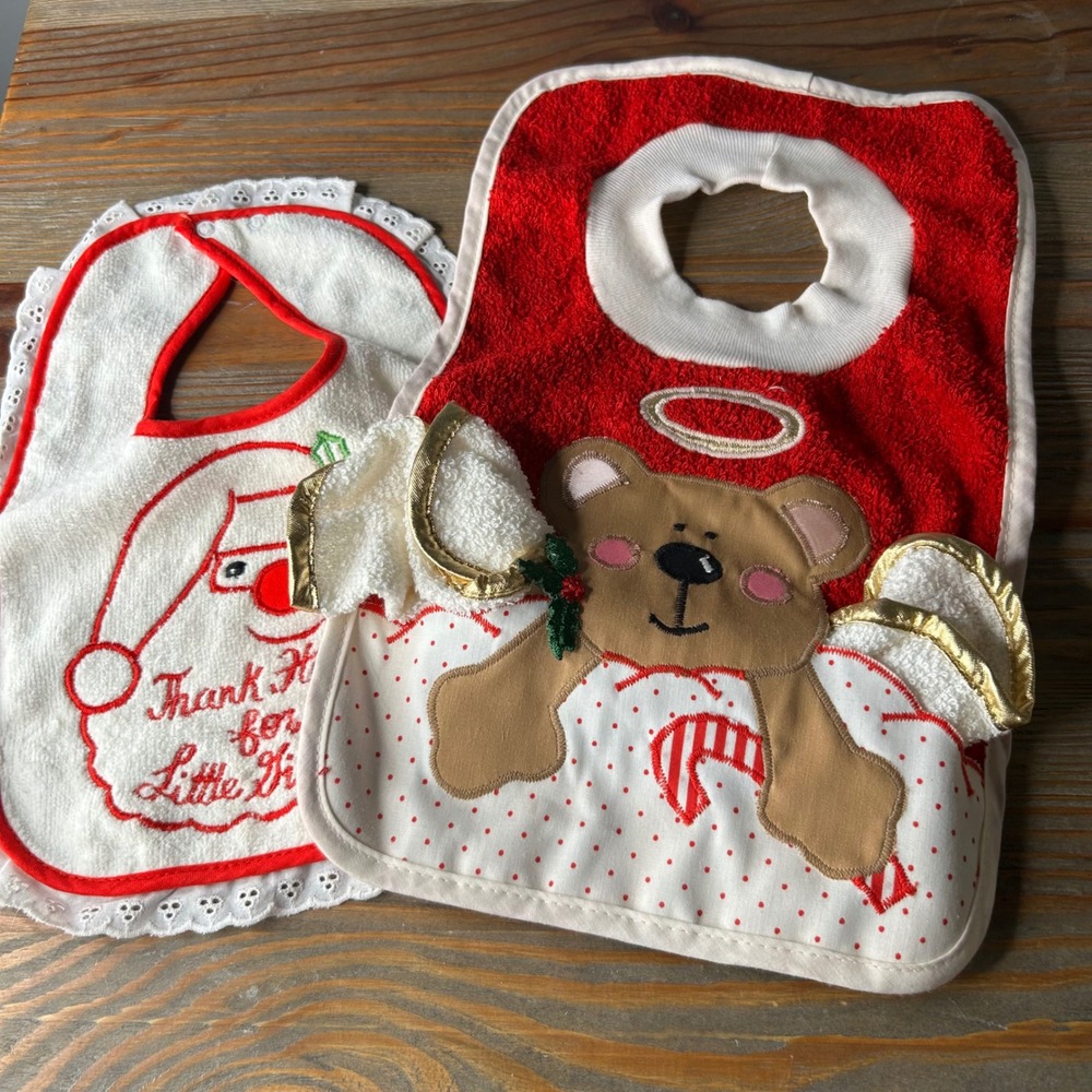 Vintage Christmas Baby‎ Bibs Set Santa Angel Teddy Bear Terry Cloth